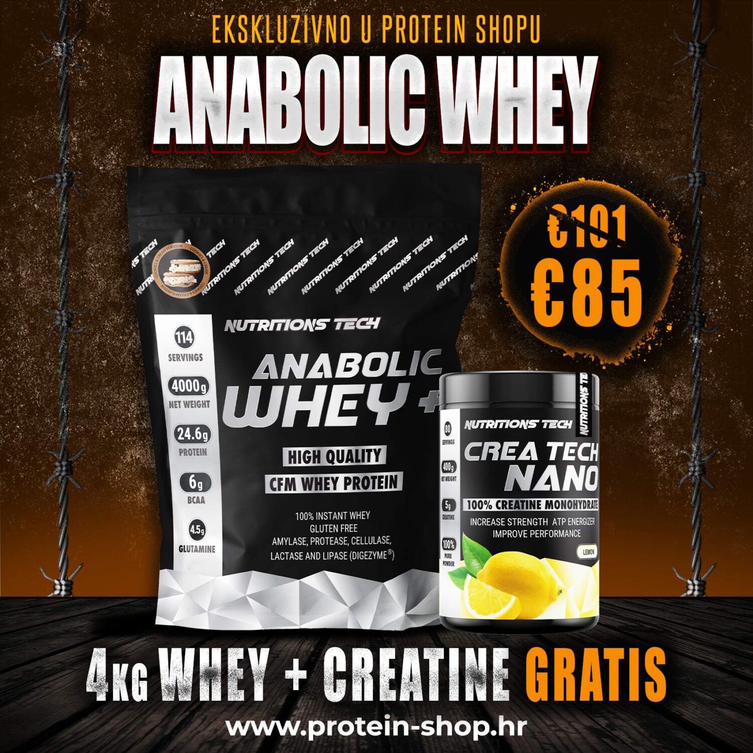 Nutrition Tech Anabolic Whey 4kg + Crea Tech Nano 400g GRATIS